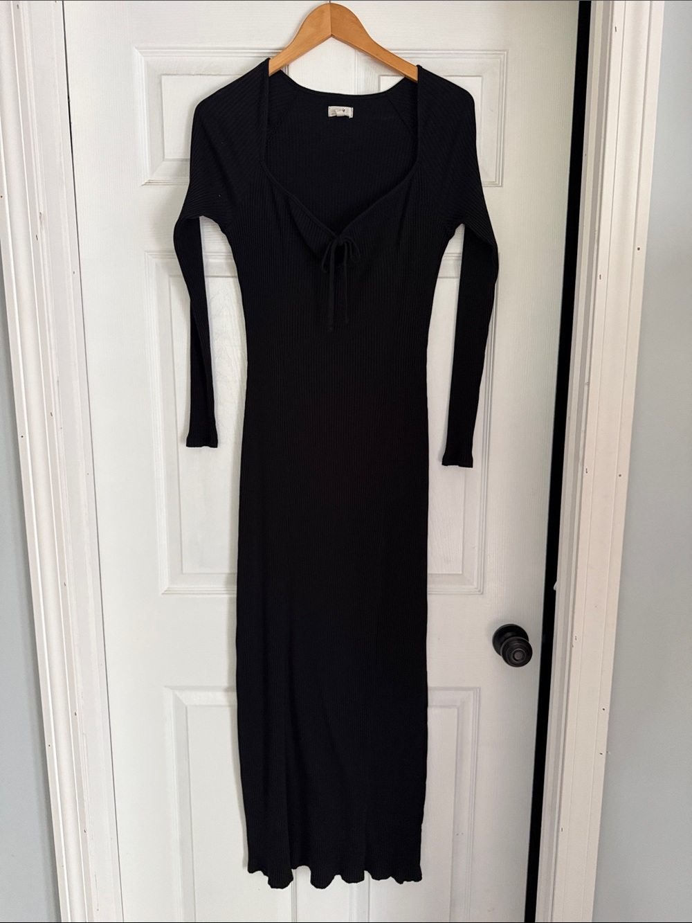 Black Ribbed Long Sleeve Maxi Dress with Tie Neck